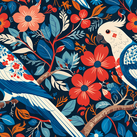 Red and Blue Parrot Floral Gift Wrap Paper