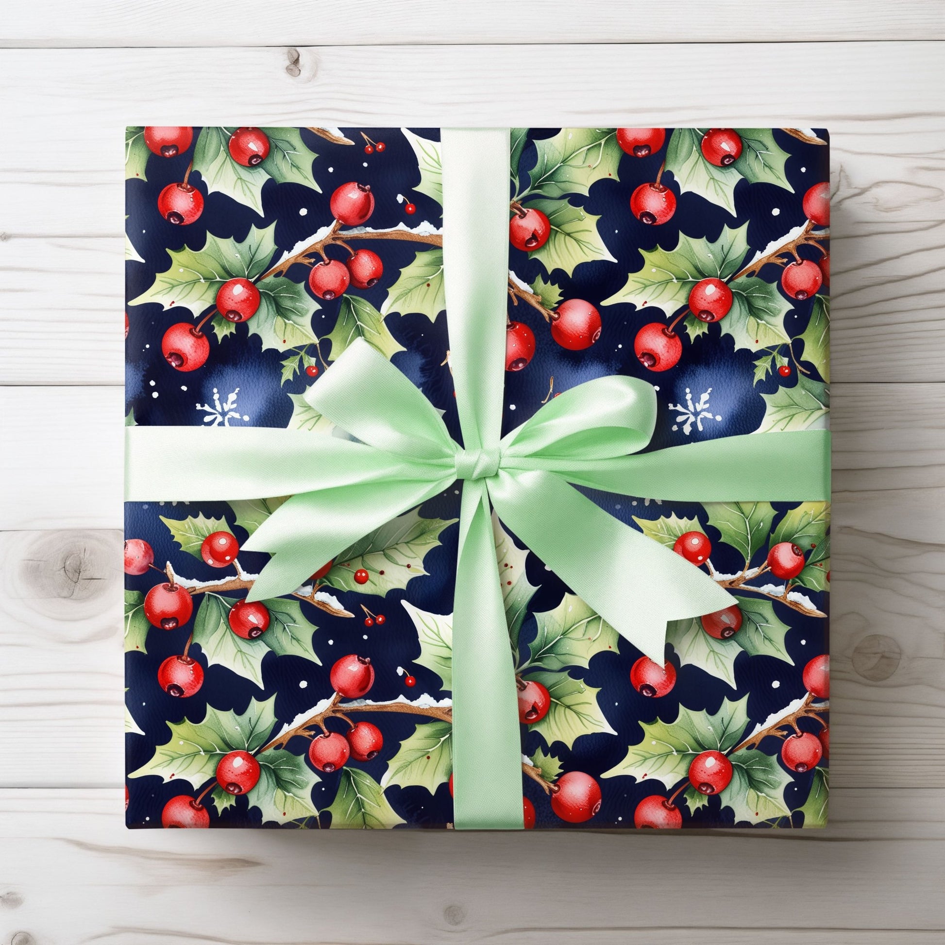 Holly Jolly Luxe – Navy & Berry Botanical Wrapping Paper
