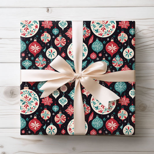 Colorful Aqua and Red Ornaments Wrapping Paper