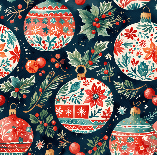 Twinkle Tinsel & Midnight Mistletoe – Folk Art Ornament Wrapping Paper