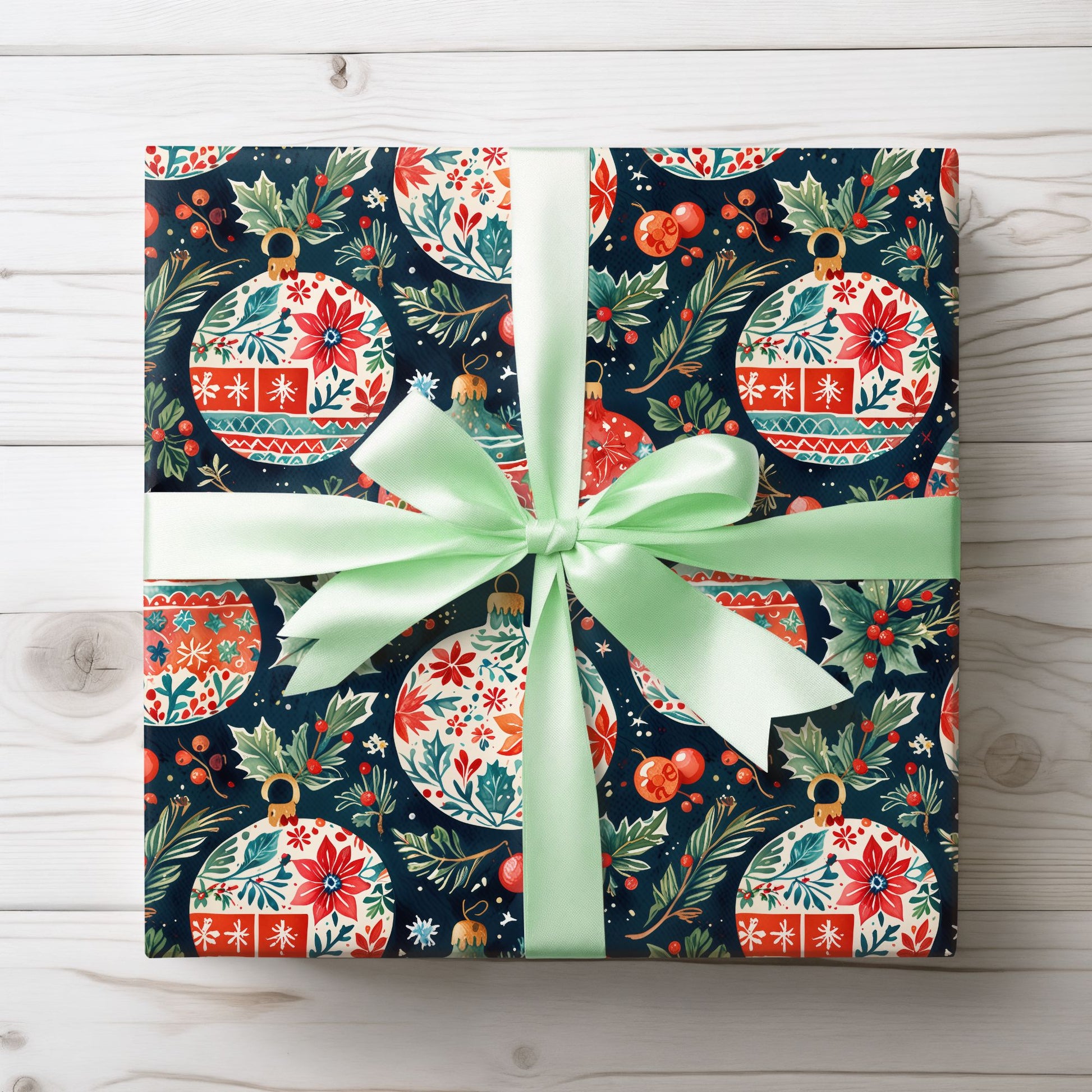 Twinkle Tinsel & Midnight Mistletoe – Folk Art Ornament Wrapping Paper