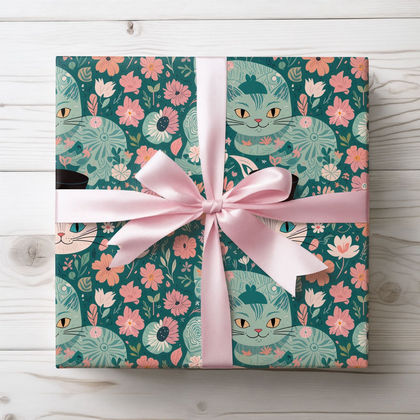 Cute Floral Cheshire Cat Wrapping Paper