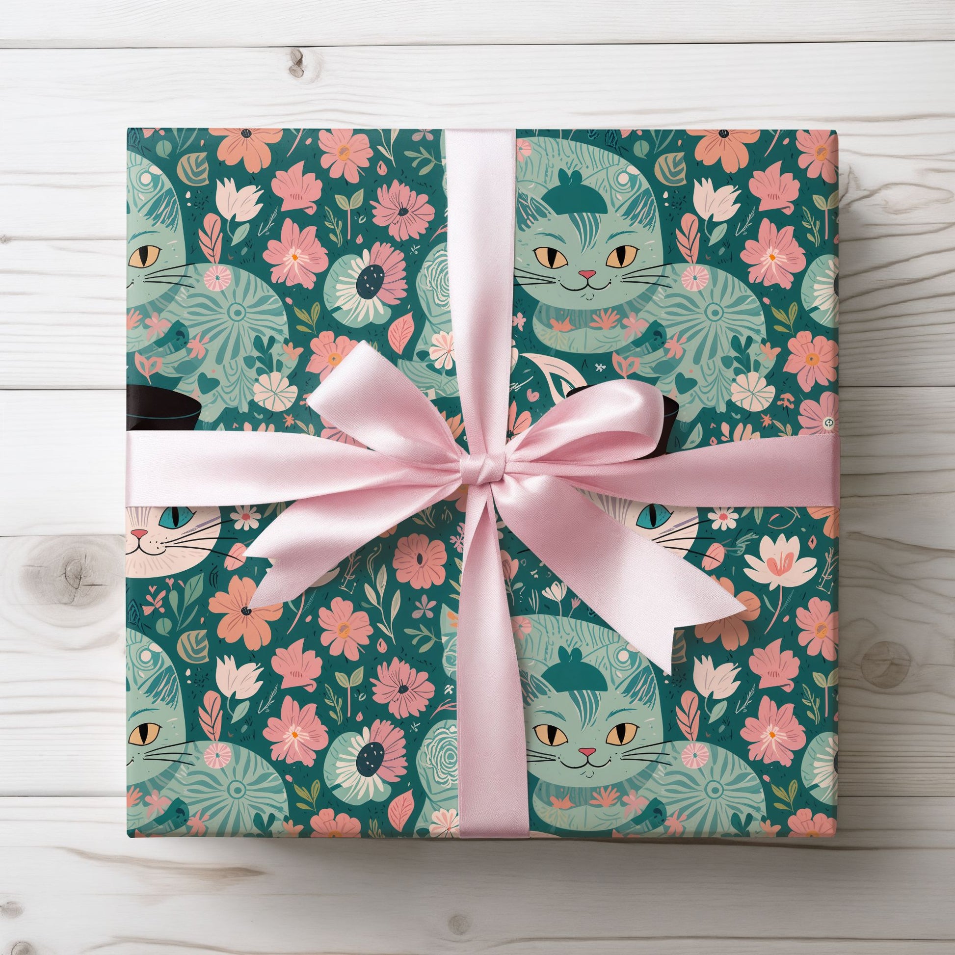 Cute Floral Cheshire Cat Wrapping Paper