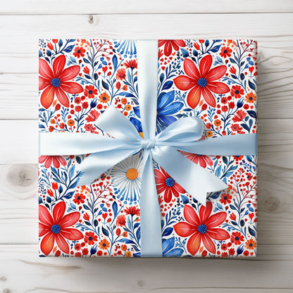 Red, White and Blue Floral Wrapping Paper