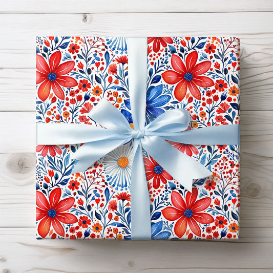 Red, White and Blue Floral Wrapping Paper