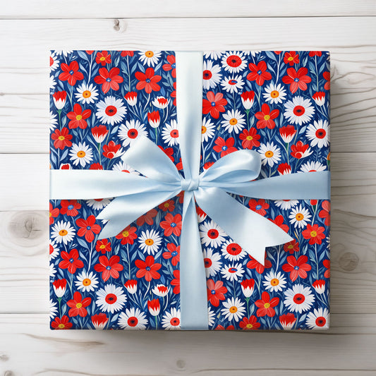 Vibrant Red, Blue and White Floral Wrapping Paper