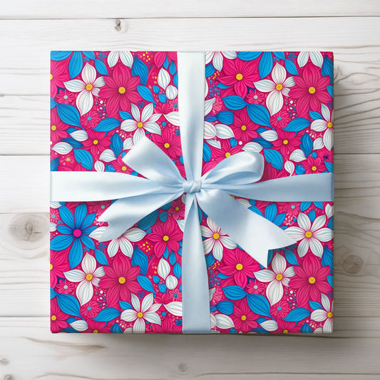 Vibrant Pink, White and Blue Floral Wrapping Paper