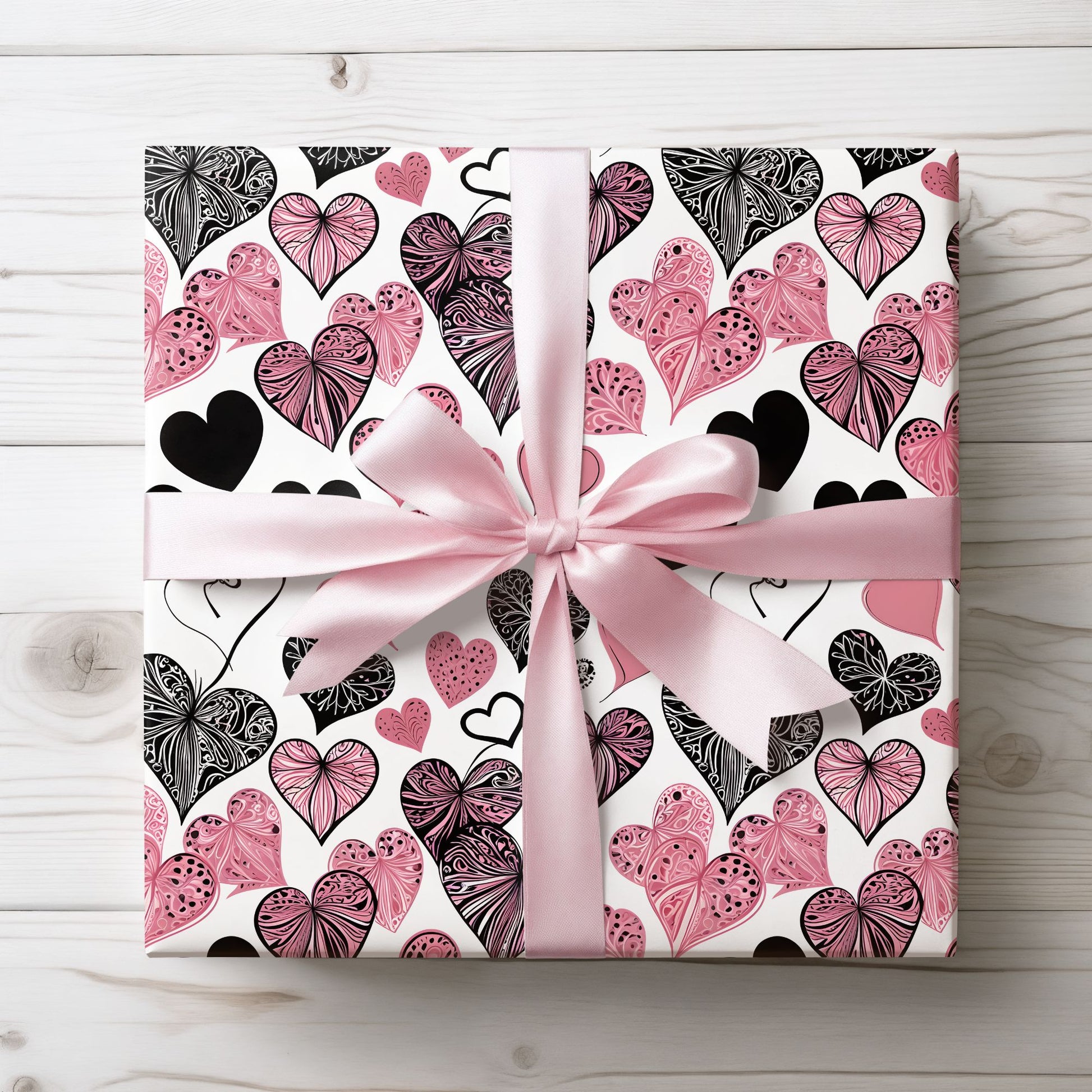 Pink & Black Heart Pattern Wrapping Paper