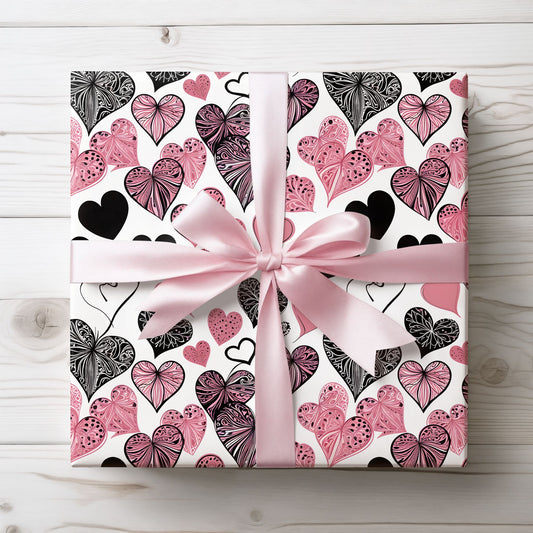 Pink & Black Heart Pattern Wrapping Paper