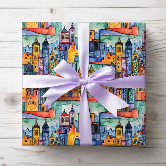 Vibrant Cityscape Wrapping Paper - Festive Gift Wrap