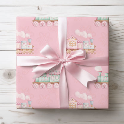 Candy Caboose – Pink Gingerbread Train Wrapping Paper
