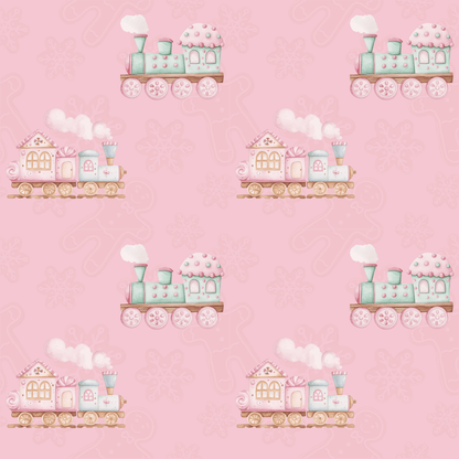 Candy Caboose – Pink Gingerbread Train Wrapping Paper