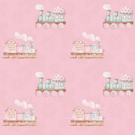 Candy Caboose – Pink Gingerbread Train Wrapping Paper