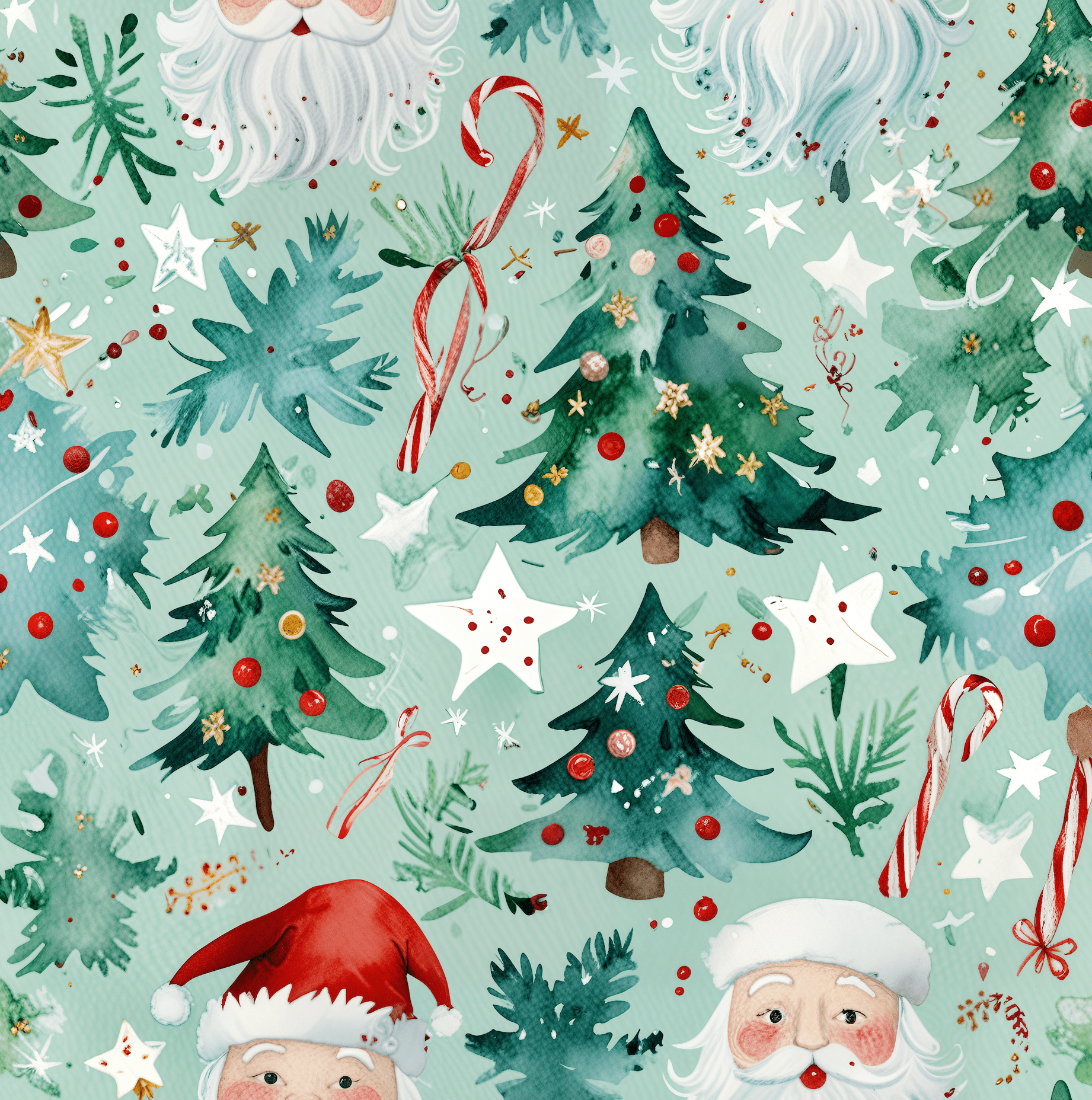 Santa’s Tree Lot – Whimsical Watercolor Christmas Wrapping Paper