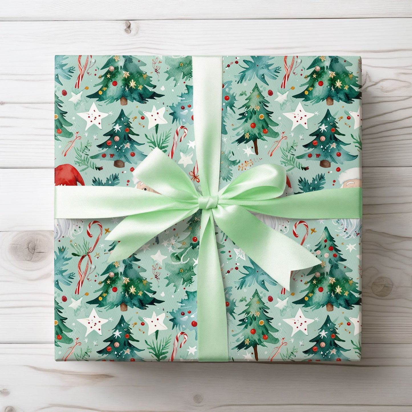 Santa’s Tree Lot – Whimsical Watercolor Christmas Wrapping Paper
