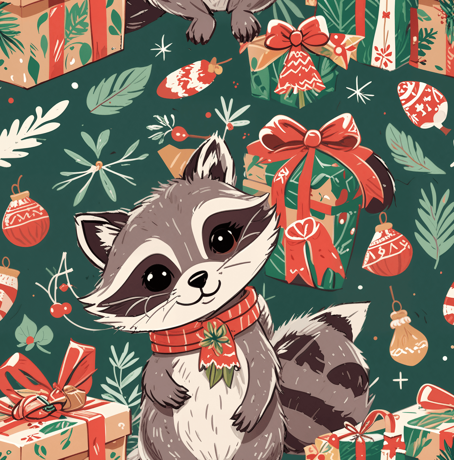 Raccoon Around the Christmas Tree – Whimsical Woodland Wrapping Paper