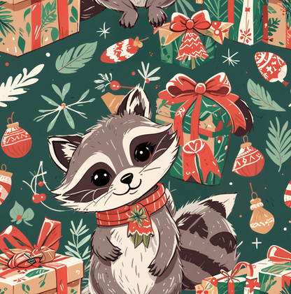 Raccoon Around the Christmas Tree – Whimsical Woodland Wrapping Paper