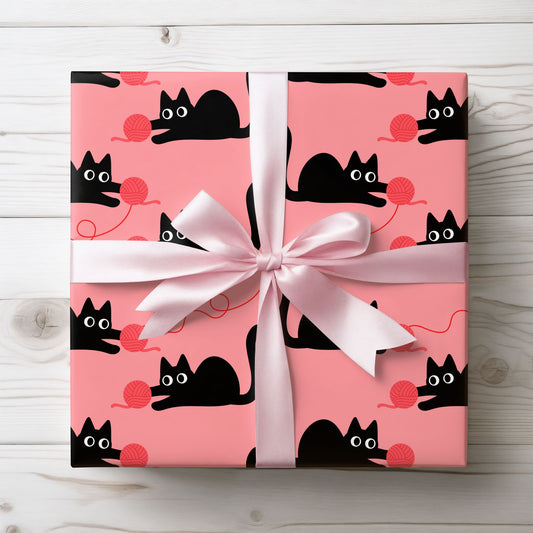 Pink Cat Wrapping Paper – Playful Black Kitty Design for Every Occasion