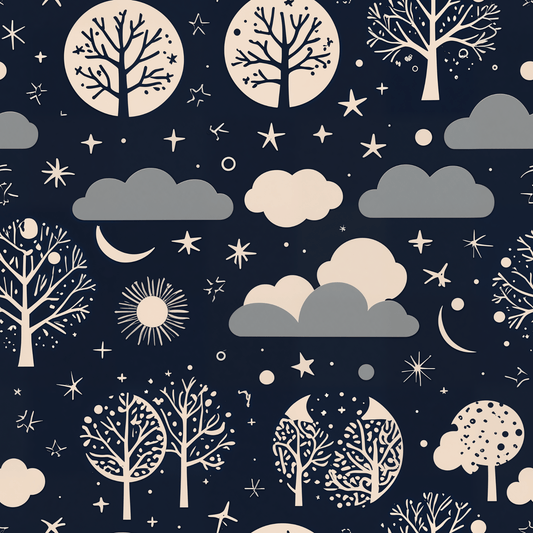 Wrapping Paper - Abstract Moon Stars and Trees in Black and Beige