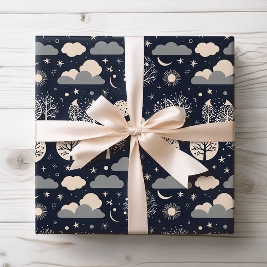 Wrapping Paper - Abstract Moon Stars and Trees in Black and Beige