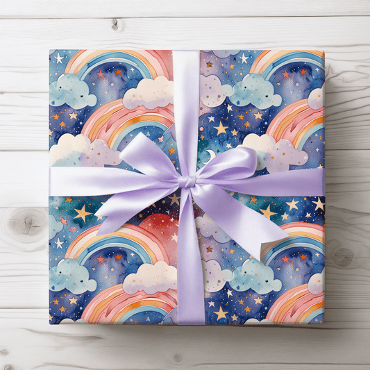 Celestial Rainbows – Whimsical Night Sky Wrapping Paper