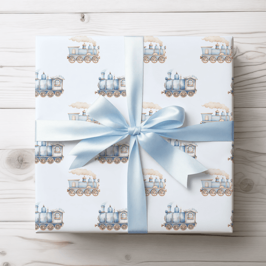 Charming Blue Train Wrapping Paper for Kids – Cute Vintage Locomotive Gift Wrap