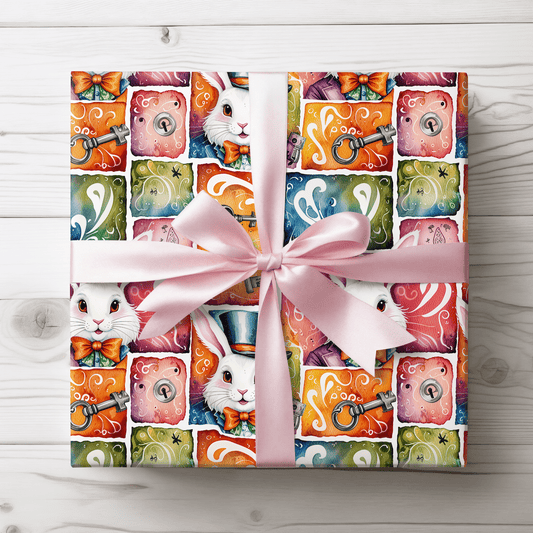 Alice in Wonderland Gift Wrap with Keys & Magic, Whimsical White Rabbit Wrapping Paper