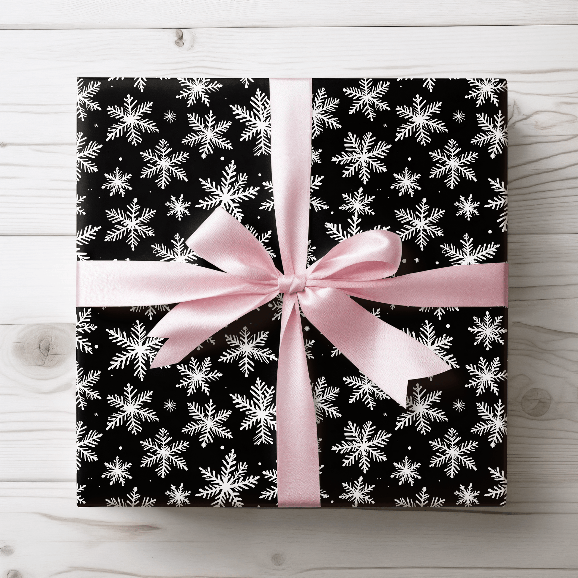 Midnight Flurries – Black & White Snowflake Wrapping Paper