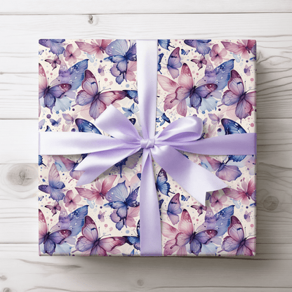 Flutter Fancy – Watercolor Butterfly Wrapping Paper in Blue & Blush