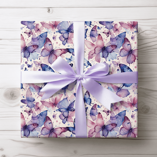 Flutter Fancy – Watercolor Butterfly Wrapping Paper in Blue & Blush
