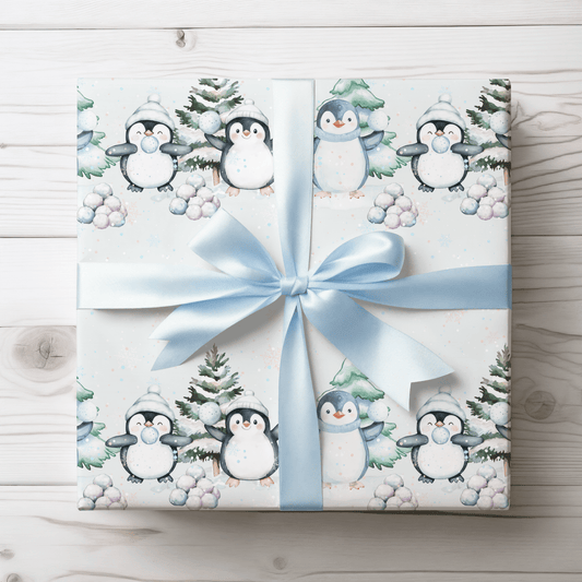 Snowball Shenanigans – Playful Penguin Christmas Wrapping Paper