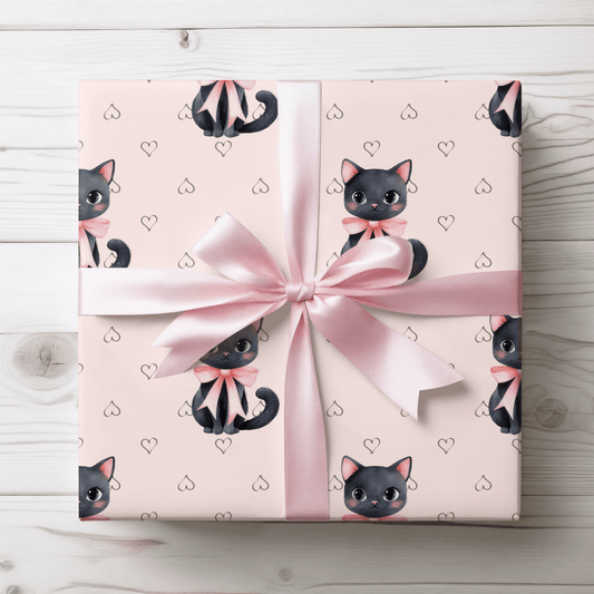Purrfectly Pink – Black Cat & Bows Wrapping Paper