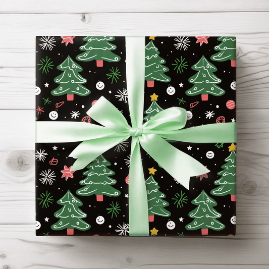 Merry Mischief – Doodled Christmas Tree Wrapping Paper