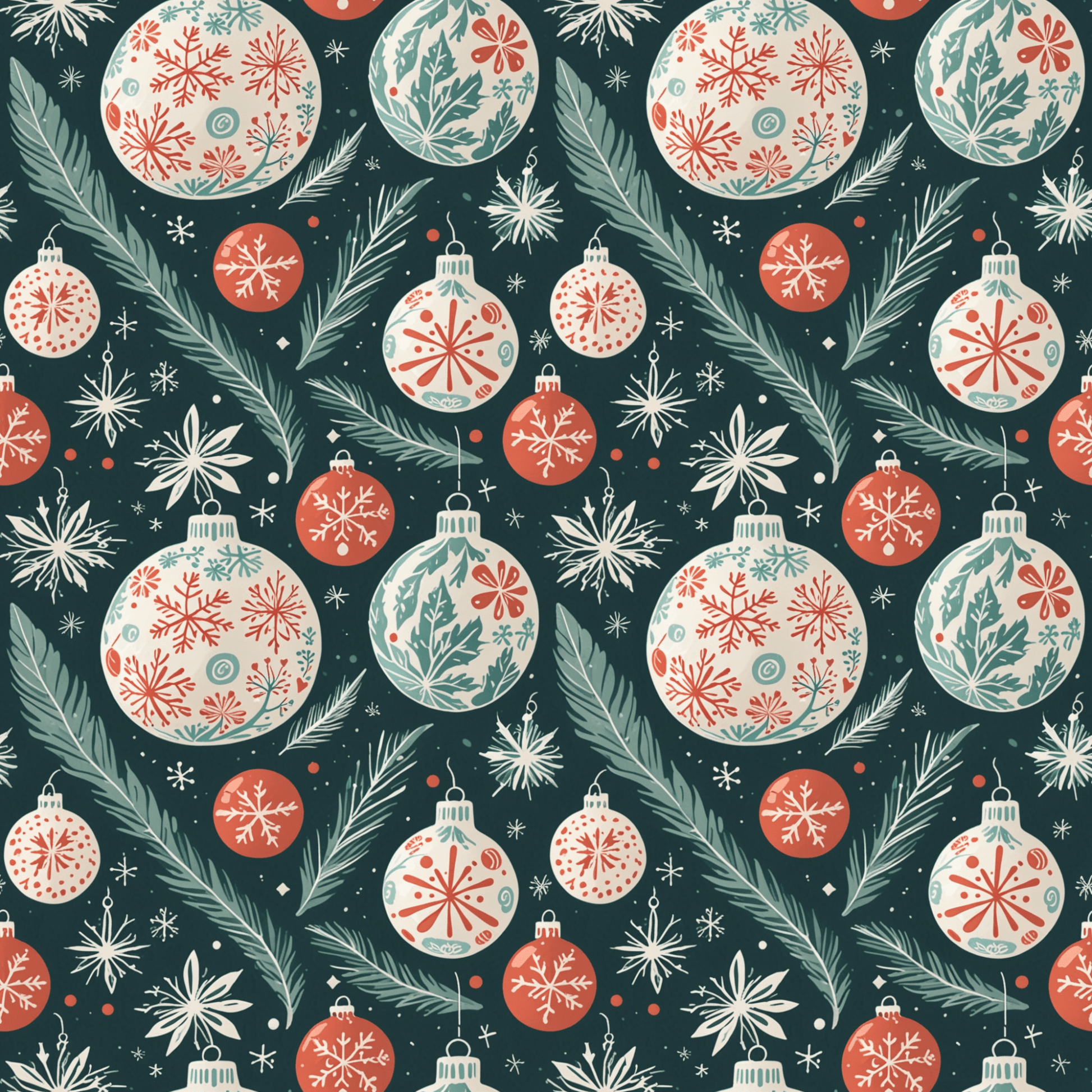 Frosted Evergreen – Retro Ornament & Pine Wrapping Paper