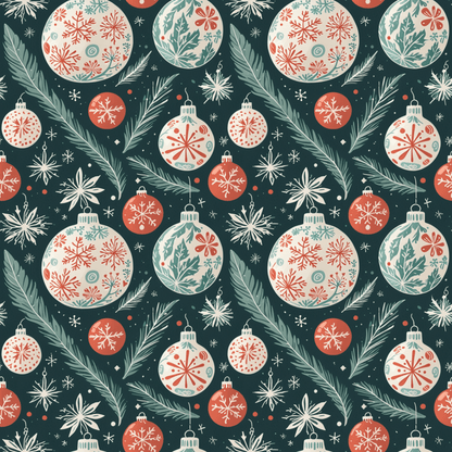 Frosted Evergreen – Retro Ornament & Pine Wrapping Paper
