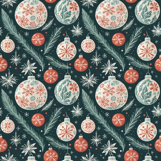 Frosted Evergreen – Retro Ornament & Pine Wrapping Paper
