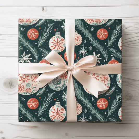 Frosted Evergreen – Retro Ornament & Pine Wrapping Paper