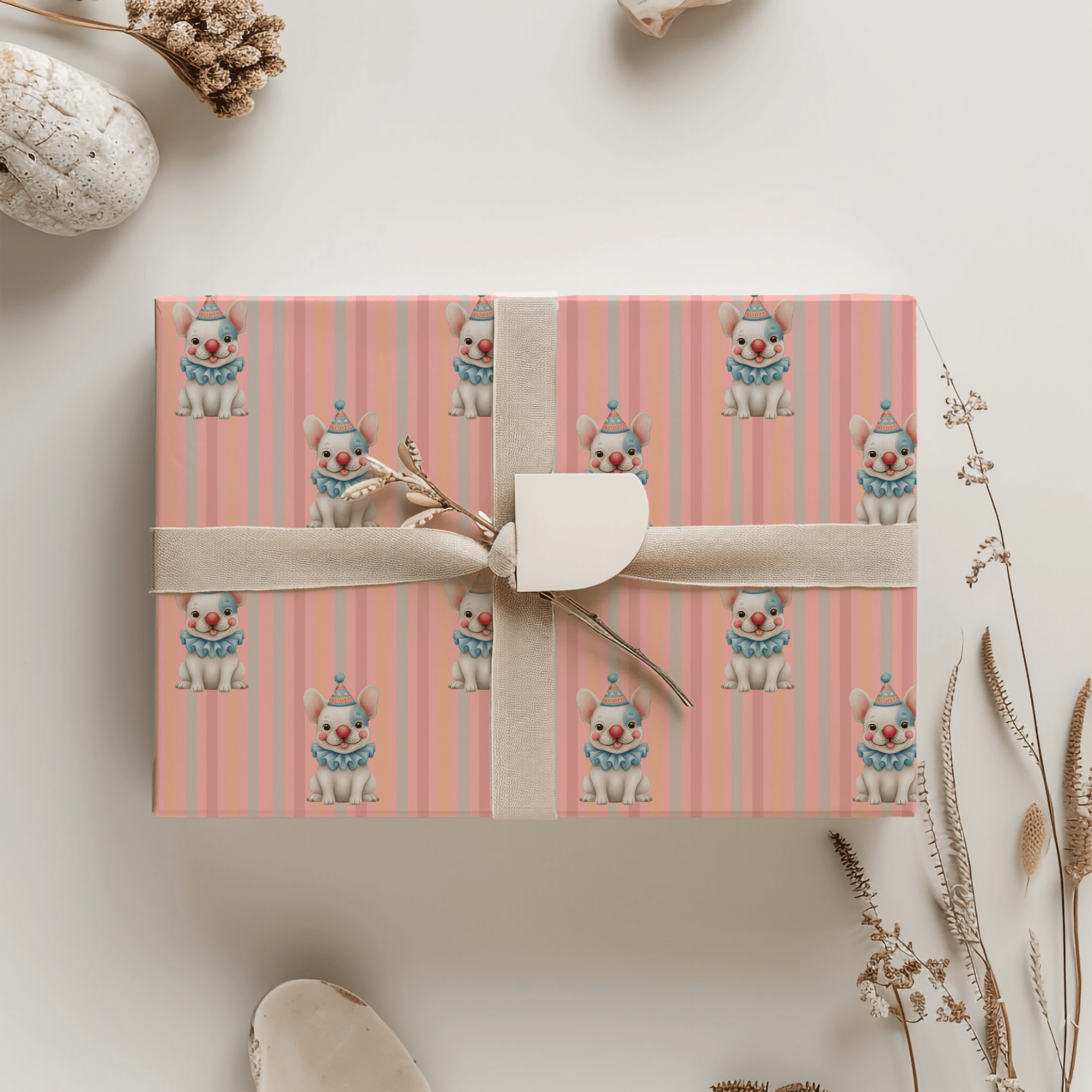 Party Bark & Boop – Clown Frenchie Celebration Wrapping Paper