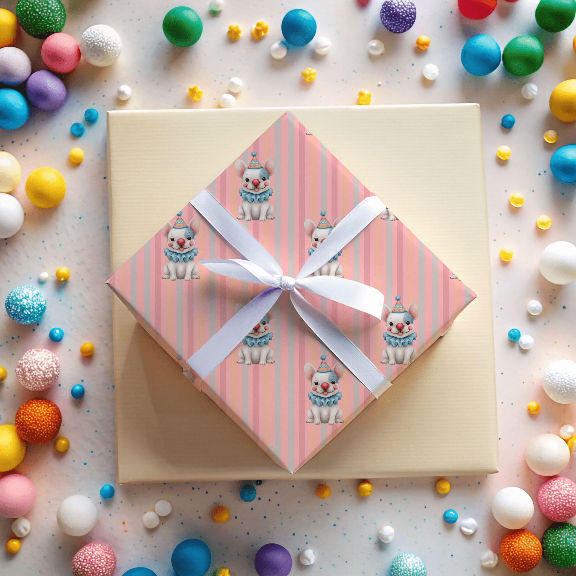 Party Bark & Boop – Clown Frenchie Celebration Wrapping Paper