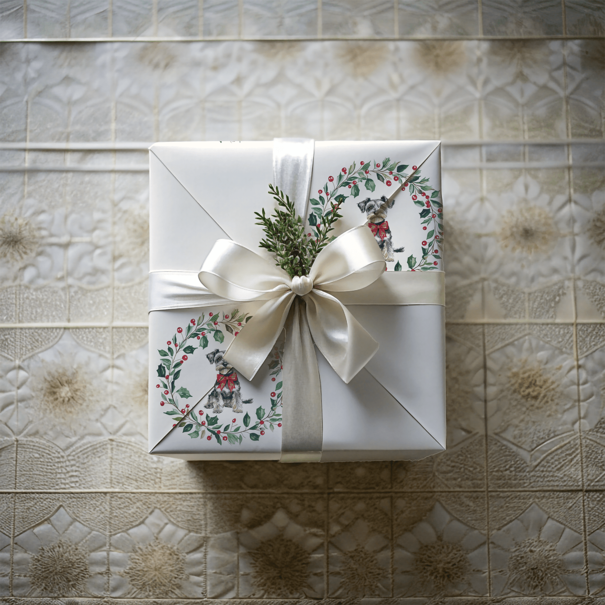 Paw - liday Wreaths & Wags – Schnauzer Christmas Wrapping Paper