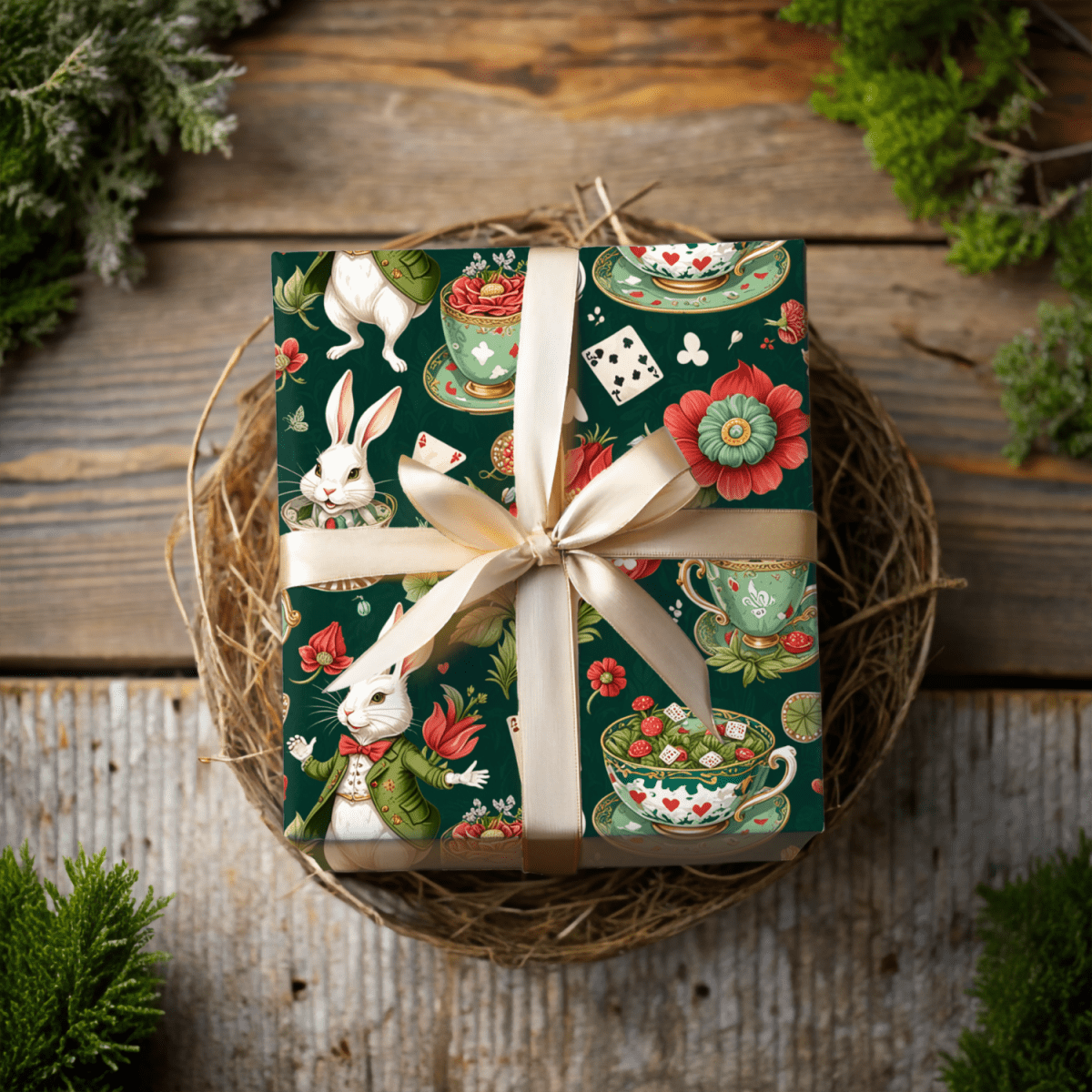 Green Glam Alice – Wonderland Tea Party Wrapping Paper