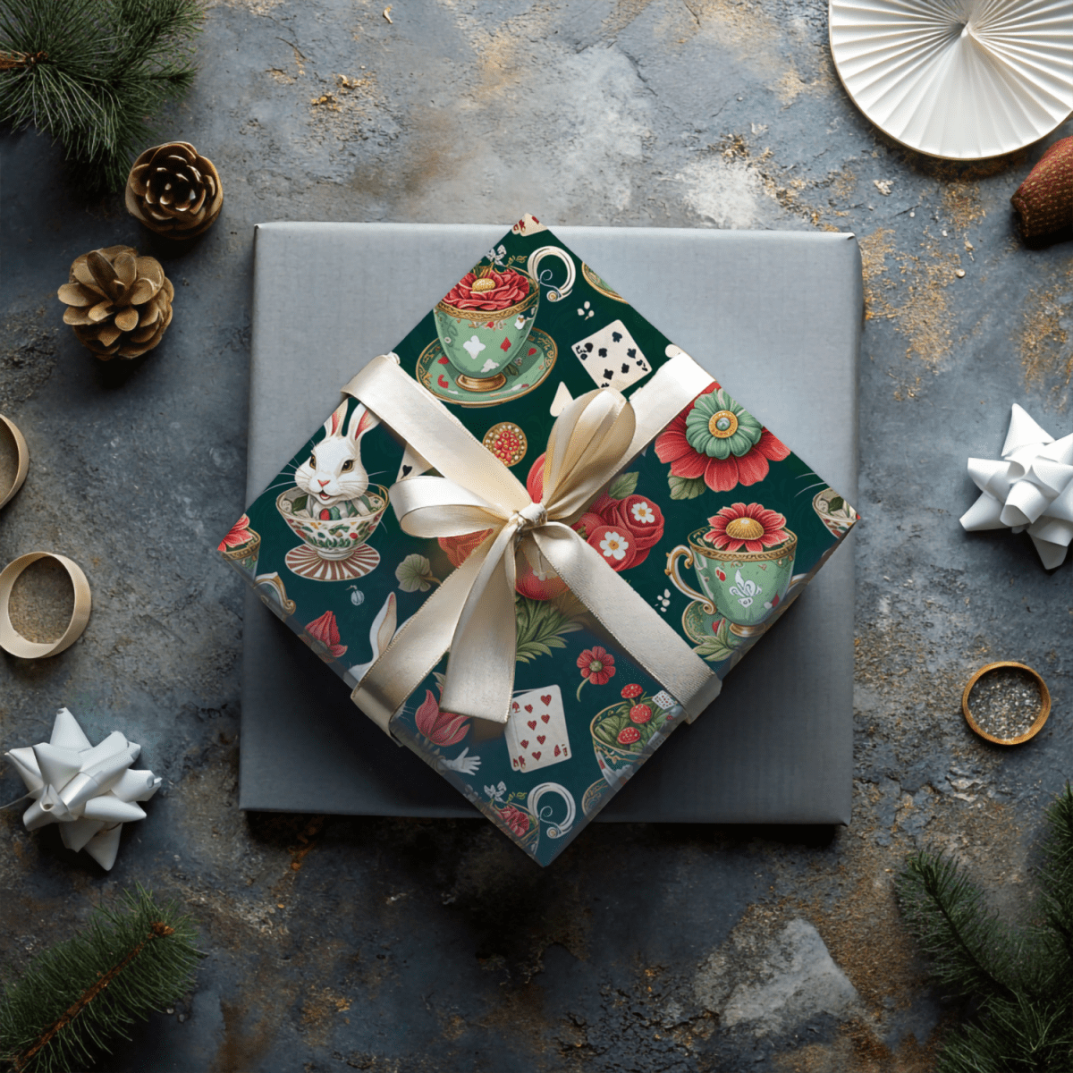 Green Glam Alice – Wonderland Tea Party Wrapping Paper