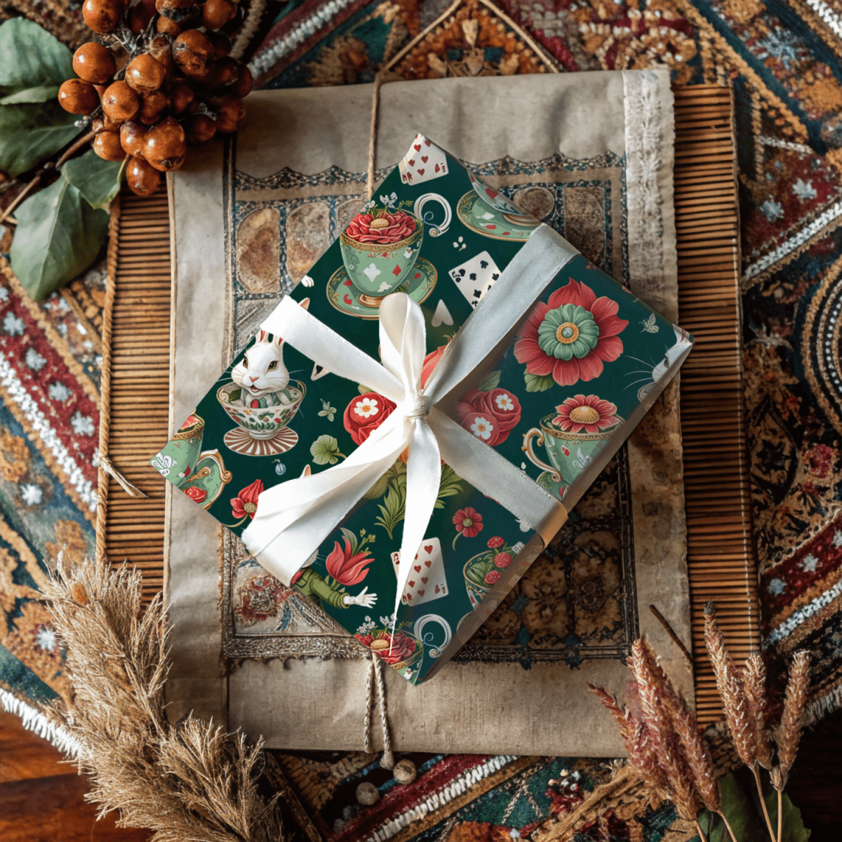 Green Glam Alice – Wonderland Tea Party Wrapping Paper