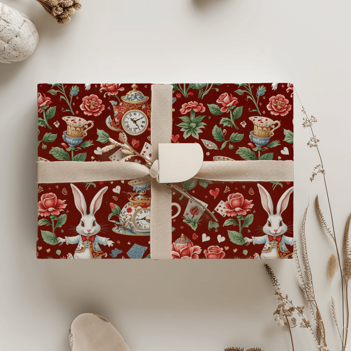 Crimson Clockwork Alice – Wonderland Tea Party Wrapping Paper