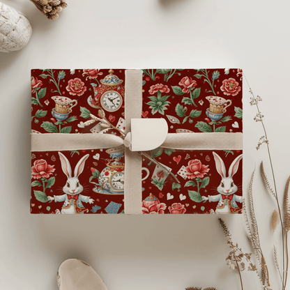 Crimson Clockwork Alice – Wonderland Tea Party Wrapping Paper