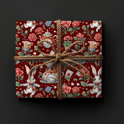 Crimson Clockwork Alice – Wonderland Tea Party Wrapping Paper