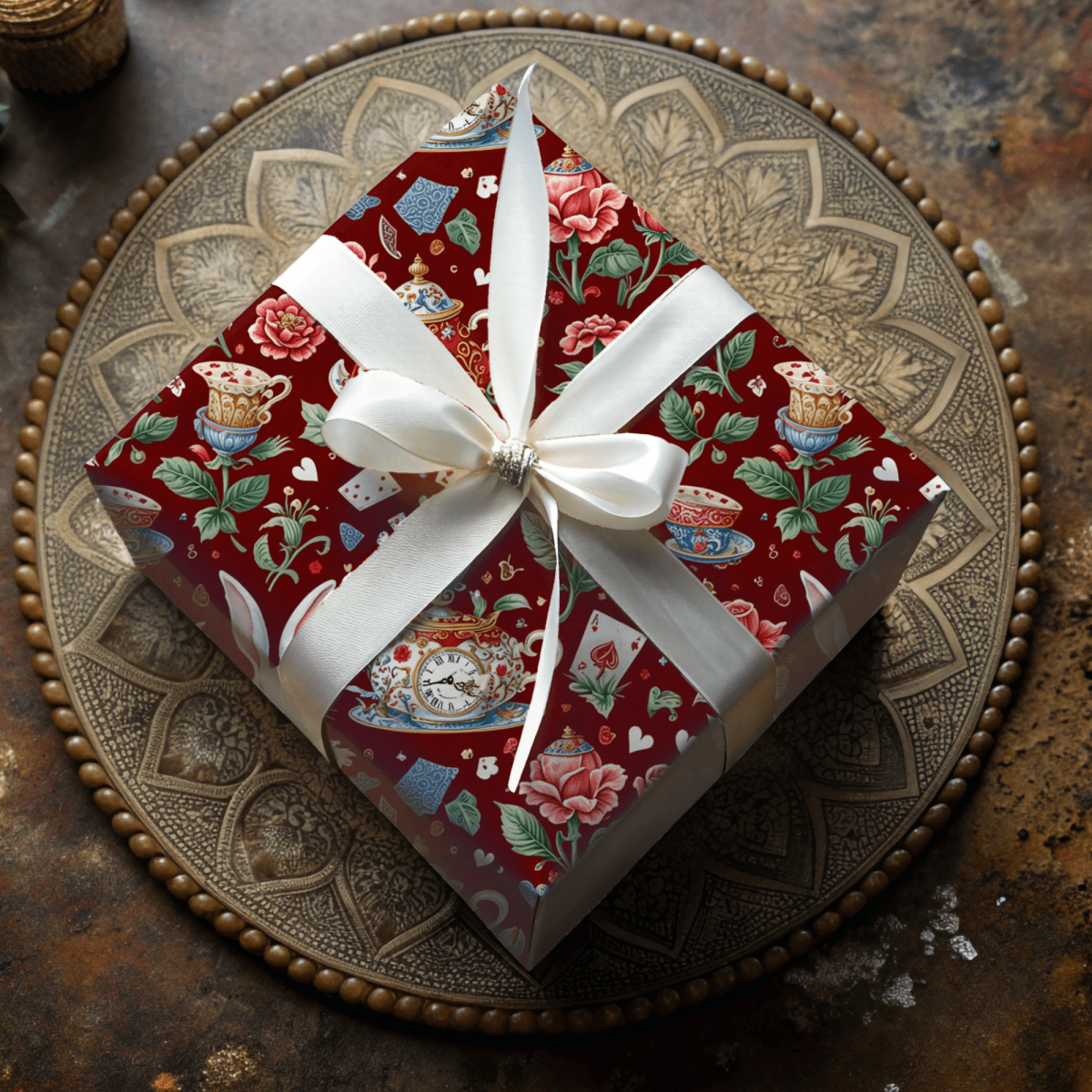 Crimson Clockwork Alice – Wonderland Tea Party Wrapping Paper