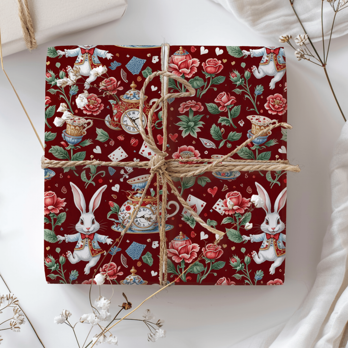 Crimson Clockwork Alice – Wonderland Tea Party Wrapping Paper
