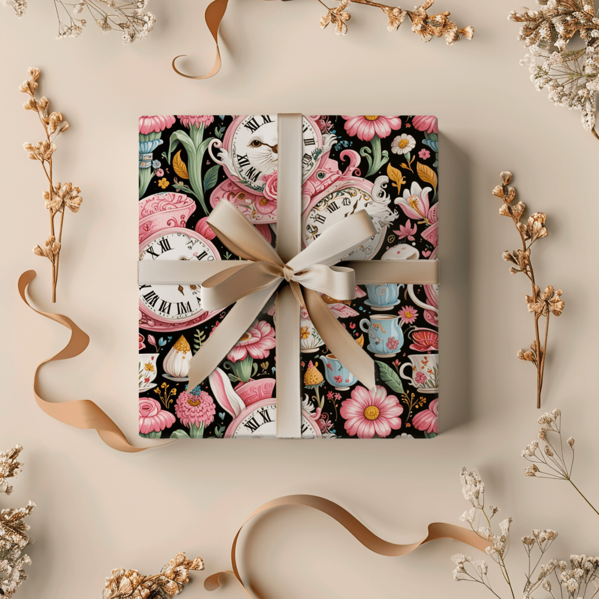 Midnight Tea & Ticking Time – Wonderland Wrapping Paper