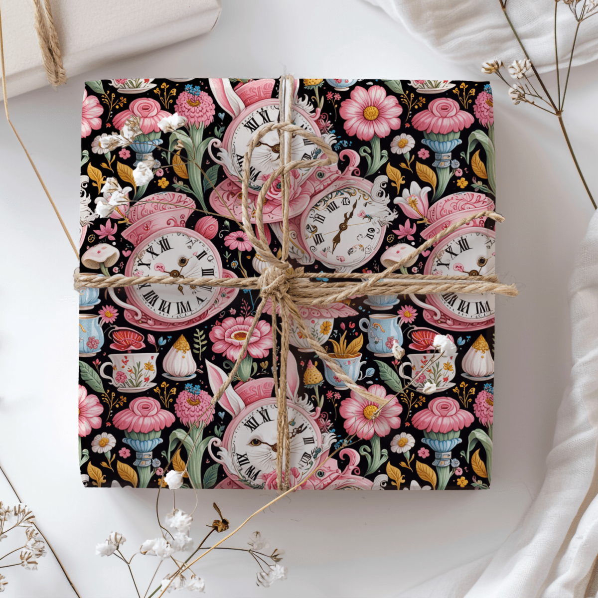 Midnight Tea & Ticking Time – Wonderland Wrapping Paper